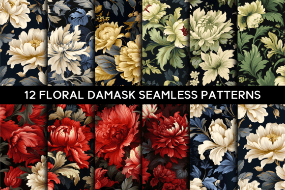 12 Floral Damask Seamless Patterns and Colorful Digital Paper Designs