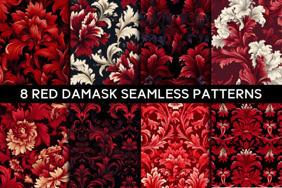 8 Red Damask Seamless Patterns